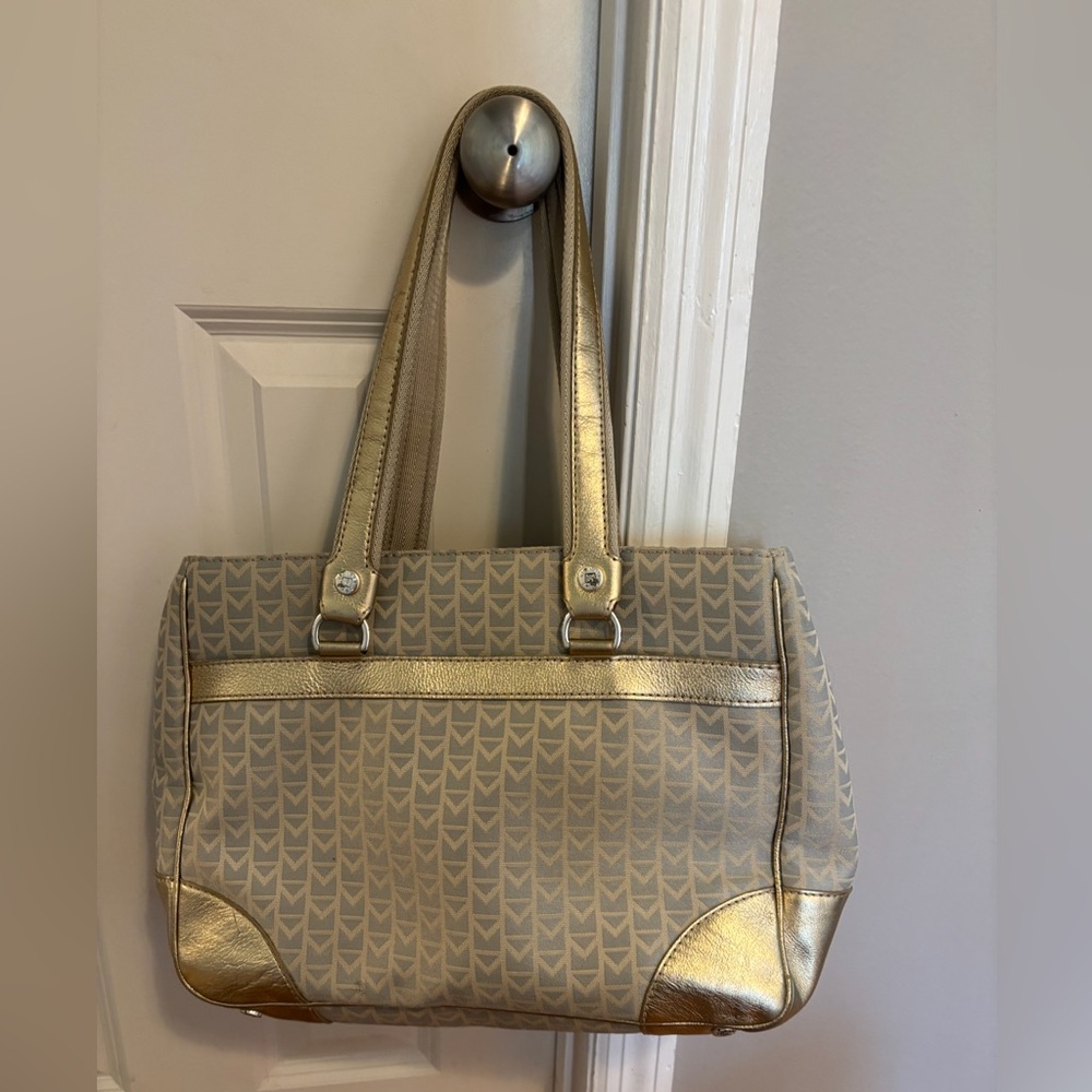 Authentic Michael Kors Jacquard Logo Signature Tote Bag Gold Metallic